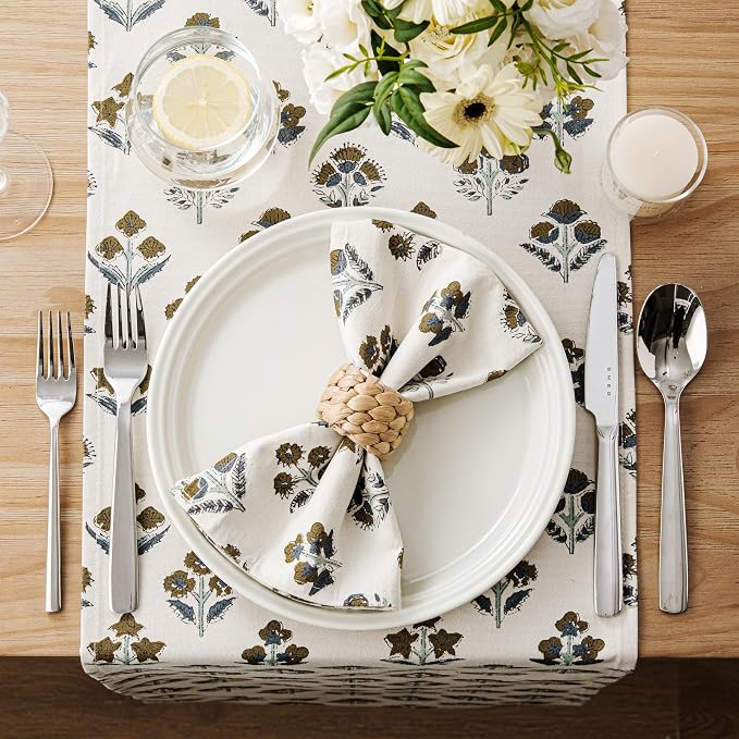 Block Print Floral Decorative Table Runners, 13x90 Inch Brown | 100% Organic - Image 3