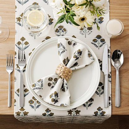 Block Print Floral Decorative Table Runners, 13x90 Inch Brown | 100% Organic - Image 3