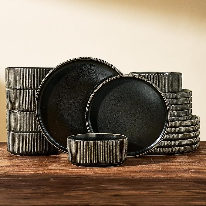 Ceramic Plates & Bowls Sets for 6, Handmade Reactive Glaze | Black Gold by FamiwarePremium