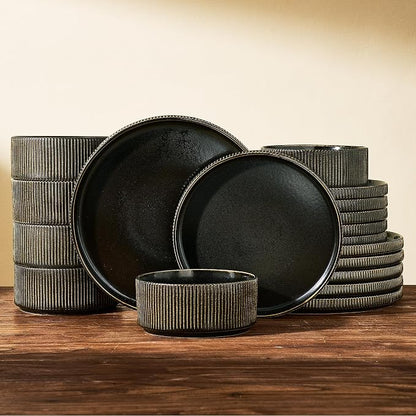 Ceramic Plates & Bowls Sets for 6, Handmade Reactive Glaze | Black Gold by FamiwarePremium