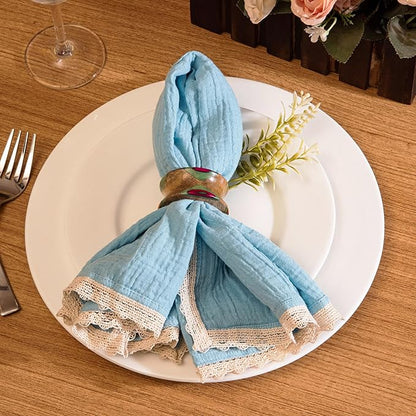 FINGERCRAFT Dinner Cloth Napkin Cotton Muslin Double Gauze 12 Pack with Classic Lace for Everyday Use, Wedding, Party, Christmas, Easter Napkins Cloth are Pre Shrunk and Good Absorbency Aqua Marine