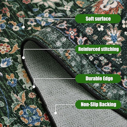 Runner Rugs 3x8 Boho Washable Area Rugs for Entryway Bathroom Kitchen, Long Rugs for Hallway Soft Low Pile Non-Slip Rubber Backing Oriental Dark Green