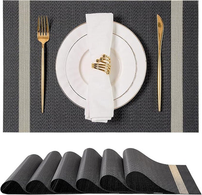 Leetaltree Luxury Black Placemats with Gold Stripes Placemats Set of 4 - Waterproof Washable for Wedding, Anniversary, Daily Use - Sparkling Table Decor - Hand-Cut