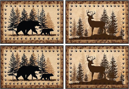 Bear and Deer Placemats Set of 4 Washable Table Place Mats for Dining Kitchen Party Decor