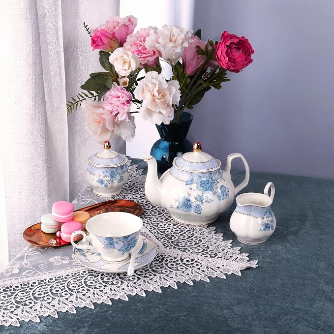 fanquare Blue Flowers Porcelain Tea Set, Tea Cup and Saucer Set Service - Image 7