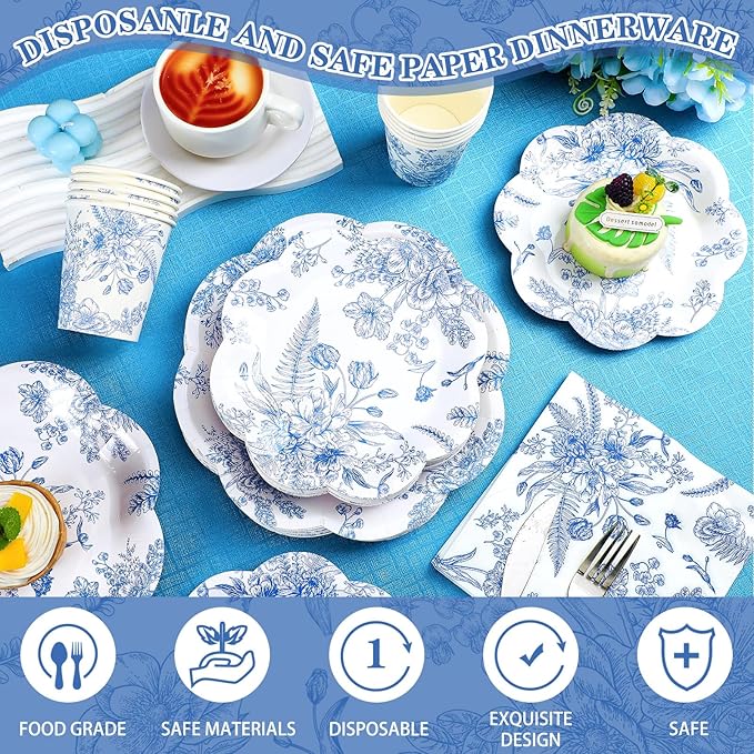 250 Pcs Blue Floral Disposable Paper Plate Napkins | Disposable Tableware - Image 3