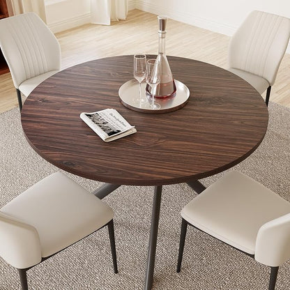 45.3'' Walnut Round Dining Table Set for 4, Mid Century Modern Small Coffee Set for Dining Room Kitchen Apartment (Dark Walnut Table + 4 White Chairs)