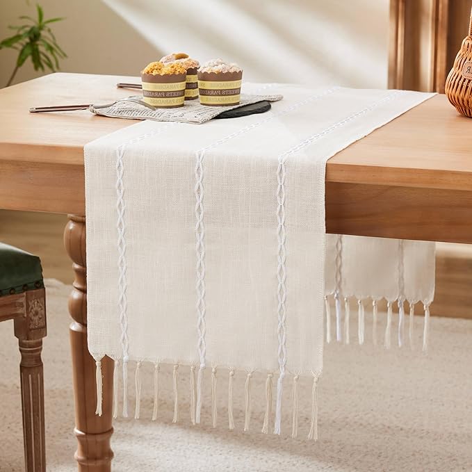 Braided Farmhouse Table Runner, Braided Beige 13x90 Inch, Cotton Linen Table by Unknown