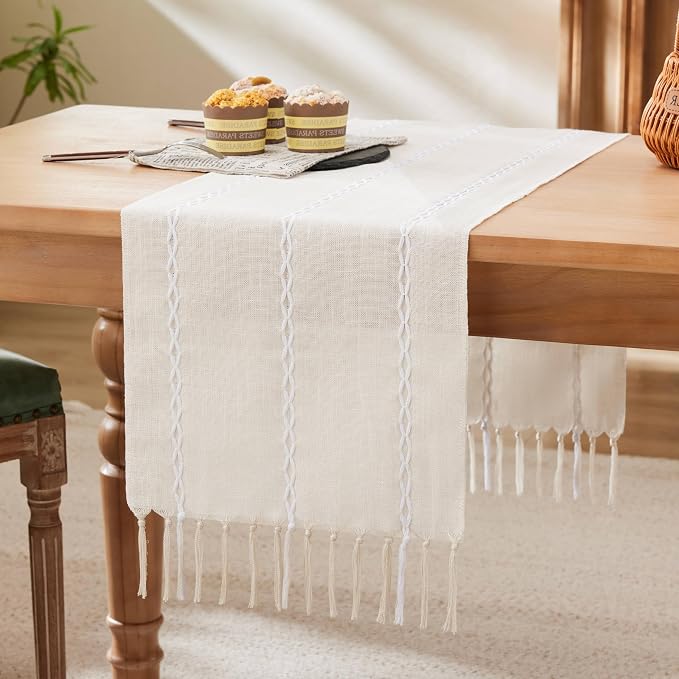 Braided Farmhouse Table Runner, Braided Beige 13x48 Inch, Cotton Linen Table by Unknown