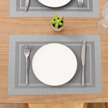 SHACOS Woven Vinyl Placemats Set of 4 Wipe Clean Place Mats for Dining Table Heat Resistant PVC Weave Table Mats Indoor Outdoor (4, Frame Grey)