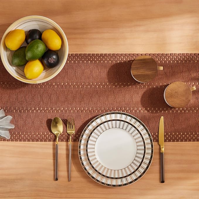 Macrame Style Boho Table Runner, 12x90 Inch Terracotta | Woven Boho Table Runner - Image 4