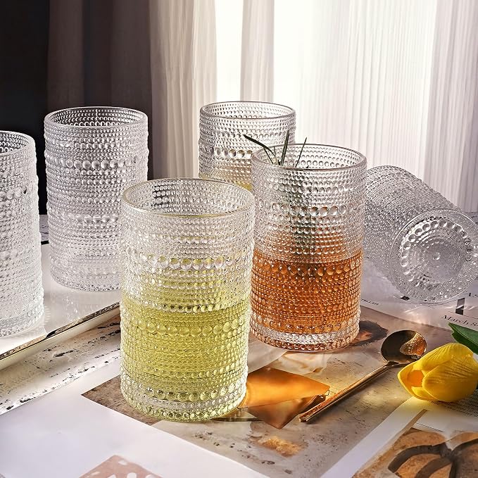 OPAYLY hobnail drinking glasses Highball Glasses Set of 6 12oZ Embossed Vintage - Image 3