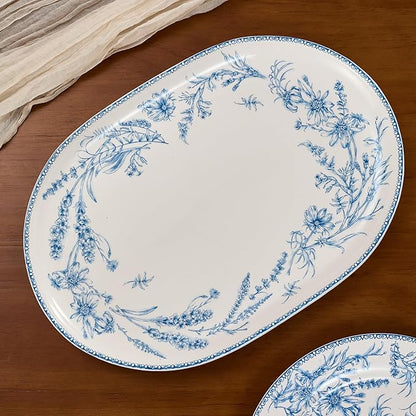 Bico Blue Garden Toile De Jouy 16 plus 12 inch Oval Platters Set, Set of 2, Microwave and Dishwasher Safe, for Serving Fish, Chicken, Turkey