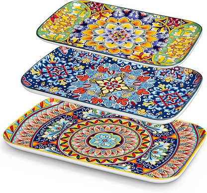 vancasso Serving Platters Set of 3, 16"/14"/12" Inch Rectangular Trays - Extra Large, Ceramic Bohemian Serving Dish for Entertaining Food, Microwave & Dishwasher Safe, Vintage