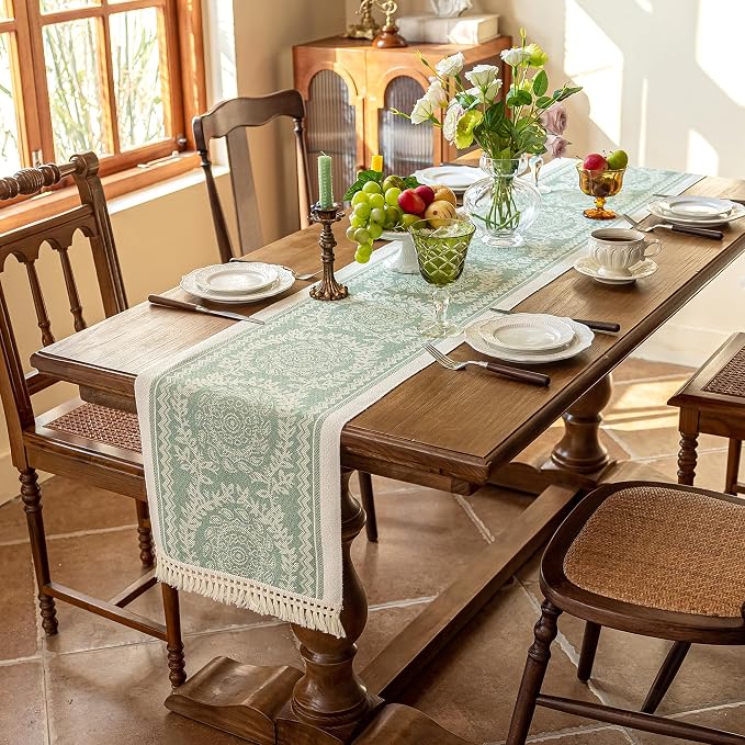 14x72 Medallion Table Runner Waterproof Rustic Farmhouse Macrame | Tired of a - Image 2