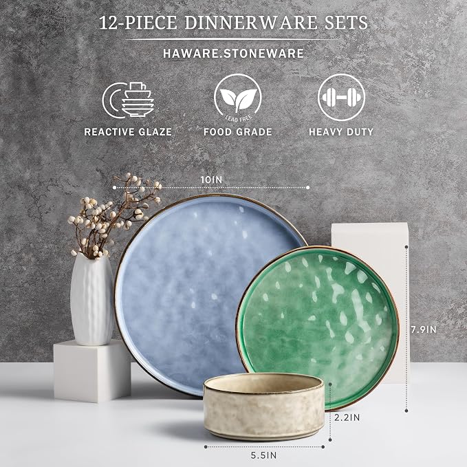 HaWare Dinnerware Sets, 12-Piece Plates and Bowls Set, Stoneware Dish Set - Image 2