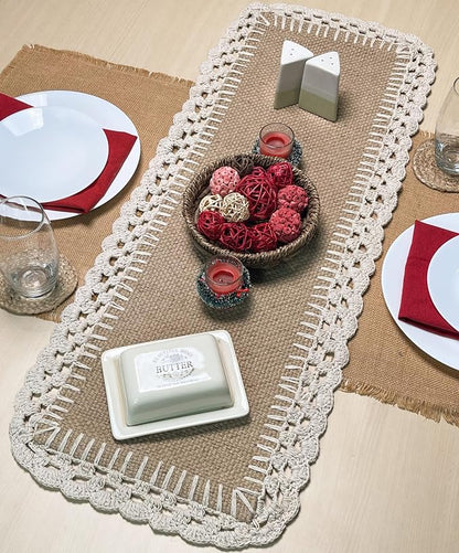 Woven Jute with Ivory Handcrafted Crochet Border Decorative Table Runner - Image 6