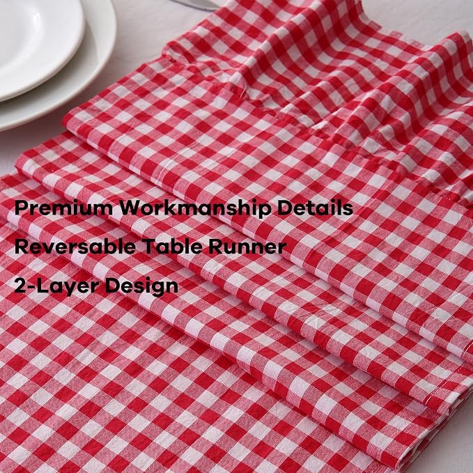 Red White Plaid Gingham Ruffle Table Runner 120 inches Long Christmas 100% - Image 5
