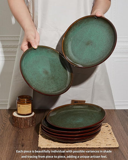 Ceramic Salad Plates Set of 6, 8.0 Inch Reactive Glaze Dish Set, Small Dinner Plate for Dessert, Salad, Appetizer, Microwave & Dishwasher Safe, Scratch Resistant-Brown and Green