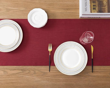 Linen Textured Border Table Runner, 14 x 48 Inch Red | Mitered Corner Design - Image 4