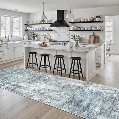 Runner Rug 2'x10' Abstract Washable Non-Slip Runner Rugs for Kitchen Bathroom Laundry Room Blue Vintage Floor Carpet Runners for Hallway Entryway