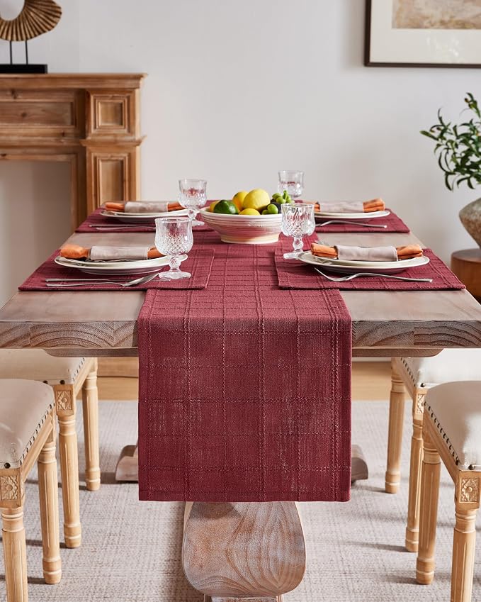 Linen Checked Farmhouse Table Runner, 13x108 Inches Burgundy | Raised Grid - Image 2