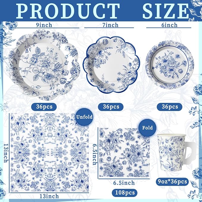 Pickmesh 252 Pcs Blue Floral Tea Party Supplies - Image 2