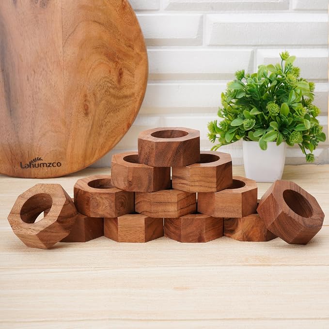 Acacia Wood Napkin Rings Set of 12 – Handmade Octagon Rustic Wooden Napkin - Image 4