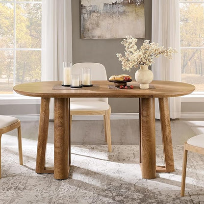 OKD 63" Dining Table for 6-8, Oval Dining Room Table with Triangular Structure Pedestal Stable Base, Curved Table Edge, Circle Kitchen Tables for Dining Room, Kitchen, Light Tree Knot