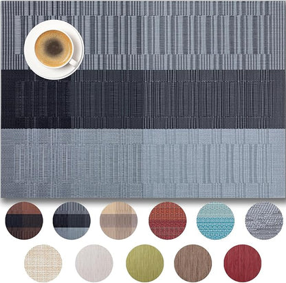 Placemats Set of 12 - Easy Clean Woven Vinyl Placemats for Dining Table, Indoor/Outdoor Place Mats, Washable PVC Table Mats （Silver Gray Black）