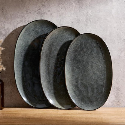 famiware Serving Platter, Oval 15.59/14.3/12.9 inch Serving Dishes for Entertaining, Serving Bowls, Dishwasher Safe, Fine Stonware Serving Trays for Party, Turkey, Cheese, Reactive Glaze, Deep Forest