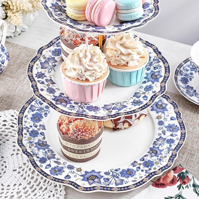 fanquare 3-Tier Elegant British Blue Floral Porcelain Cupcake Stand | Fruit - Image 3