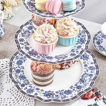 fanquare 3-Tier Elegant British Blue Floral Porcelain Cupcake Stand | Fruit - Image 3