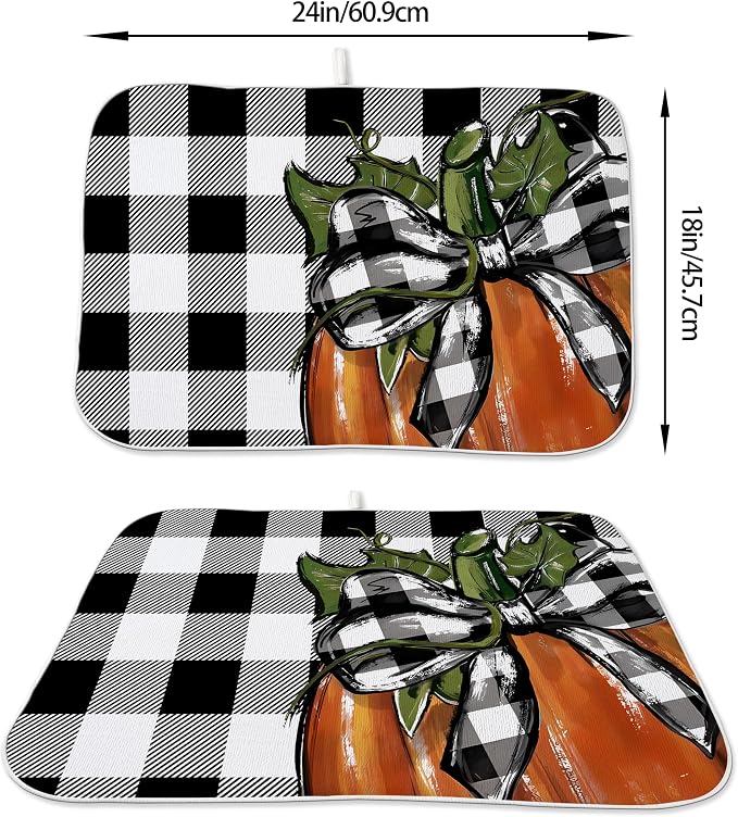 Fall Plaid Dish Drying Mat for Kitchen Counter 18x24 Inch Pumpkin Autumn Dish - Image 2