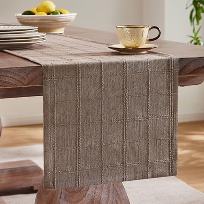 Linen Checked Farmhouse Table Runner, 13x90 Inches Cocoa Brown | Raised Grid - Image 4