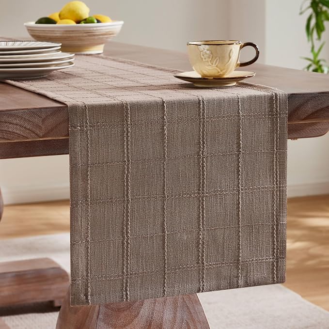 Linen Checked Farmhouse Table Runner, 13x48 Inches Cocoa Brown | Raised Grid - Image 4