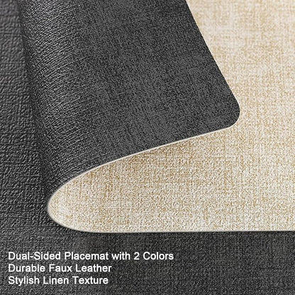 Myir JUN Dual Sided Placemats, Faux Leather Set of 4 for Dining Table Indoor Outdoor, Square Non-Slip Washable Table Mats (Gray Cream-White)