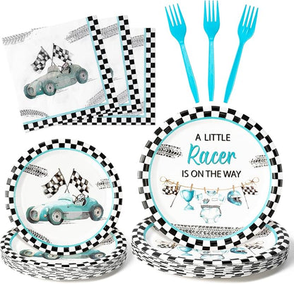 96Pcs Race Car Baby Shower Party Plates Supplies A Little Racer Is On The Way by G1ngtar