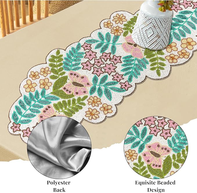 Spring Floral Beaded Table Runner, 13x36 | Glass beads, polyester backing - Image 3
