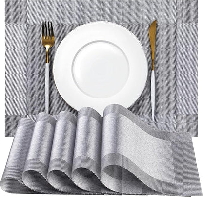 Placemats Set of 8 - Easy Clean Woven Vinyl Placemats for Dining Table, Indoor/Outdoor Place Mats, Washable PVC Table Mats （Silver Cube）