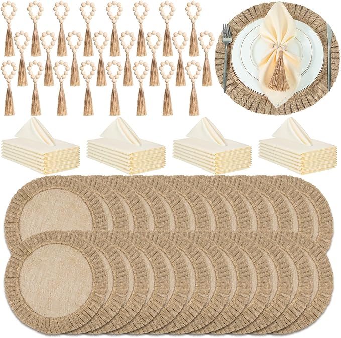 Gejoy 72 Pcs Round Burlap Placemats Wood Bead Napkin Rings by Gejoy