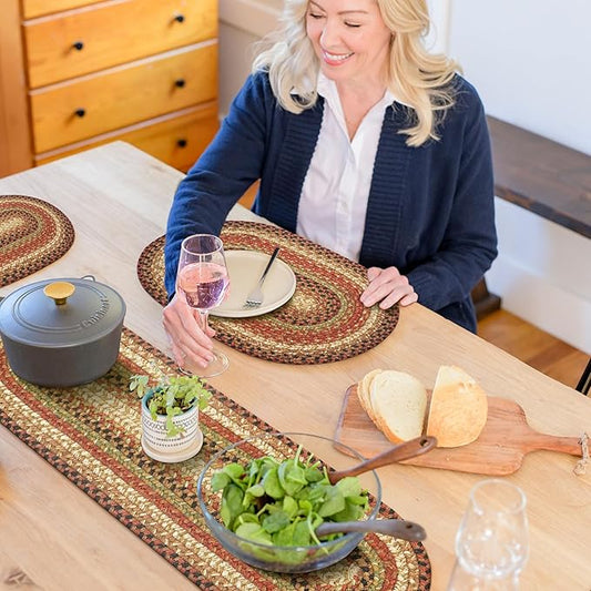 Homespice Gingerbread Jute Braided Table Runner, Warm Country Decor, Set of 2, Brown Oval 8x28 - Rich Colors, Easy to Clean, Durable and Protects Furniture