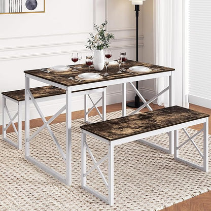 VECELO Kitchen Dining Table Sets for 4, Wood Dinette 2 Benches with Metal Frame for Dinner Breakfast Nook and Small Space, Dark Brown