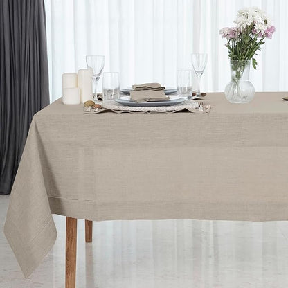 D'Moksha Homes Natural Linen Tablecloth 60 x 108 Inch - 100% Pure Linen Natural Table Cloth for Rectangle Tables - Classic Hemstitch, Machine Washable Tablecloth for Valentines, Spring, Easter