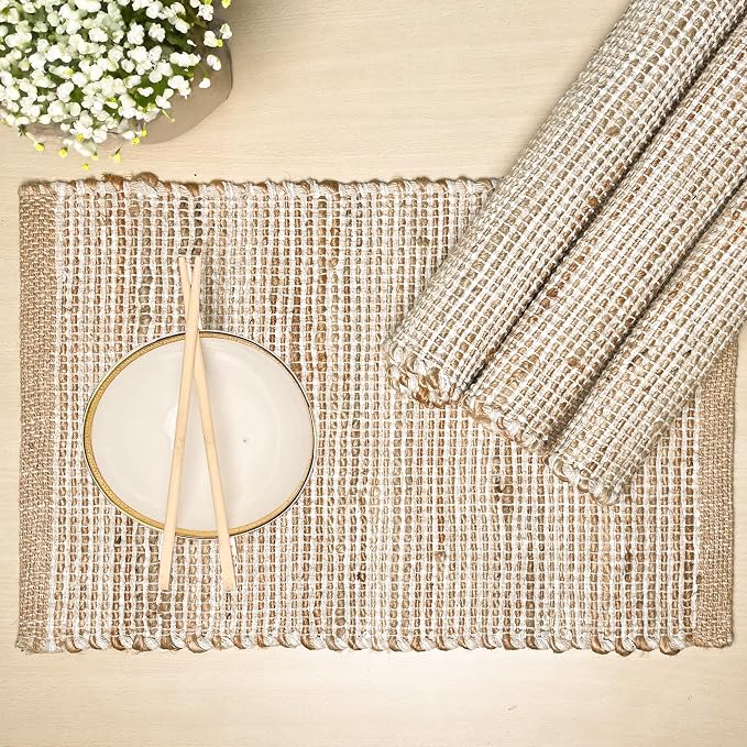 Natural Jute and Ivory Placemats, 13x19 Inch Dining Table Placemats by ChardinHome