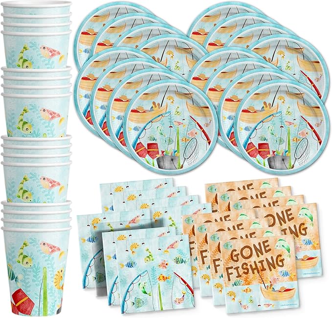 Little Fisherman Fishing Birthday Party Supplies Set Plates Napkins Cups by BirthdayGalore