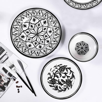 Melamine Dinnerware Sets-12pcs Melamine Plates and Bowls Set, Unbreakable, Dishwasher Safe, Indoor Outdoor Use, Ideals for Parties, Camping Dish Set, Black and White Pattern