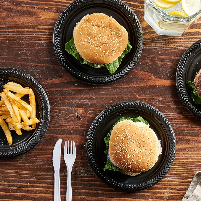 PLASTICPRO 800 PCS Black Plastic Plates Light Weight 7 Inch Plastic Dinner - Image 3