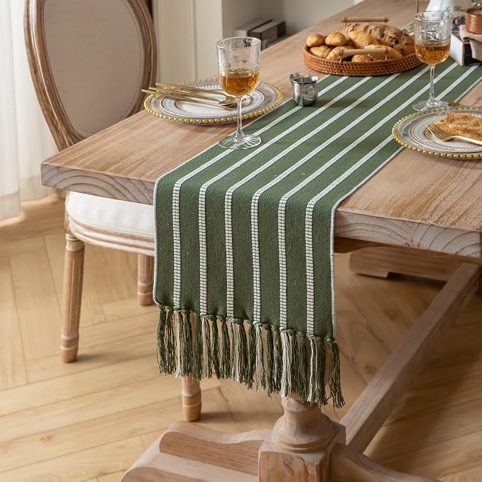 Caflife Boho Table Runner 90 Inchs Long Green, Cotton and Linen Woven - Image 2