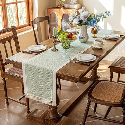 14x107 Geometric Table Runner Waterproof Boho Dresser Scarf Tassels | Planning - Image 2